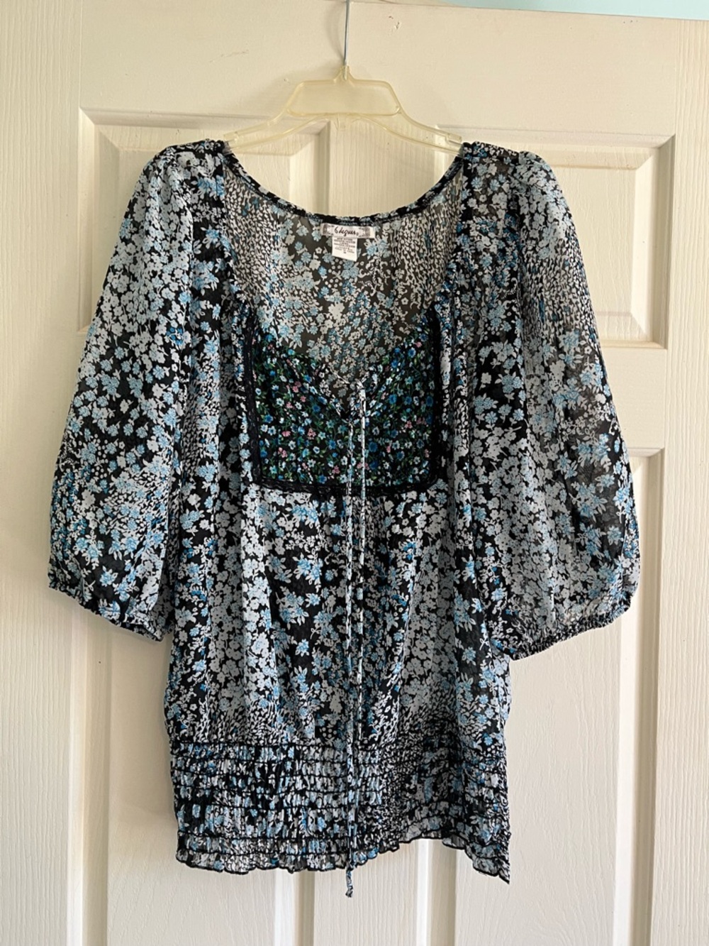 6 degrees Black and Light Blue Floral Sheer Blouse